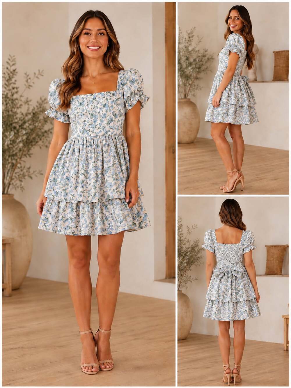 In The Beginning Blue Floral Tiered Ruffle Mini Dress Size Large